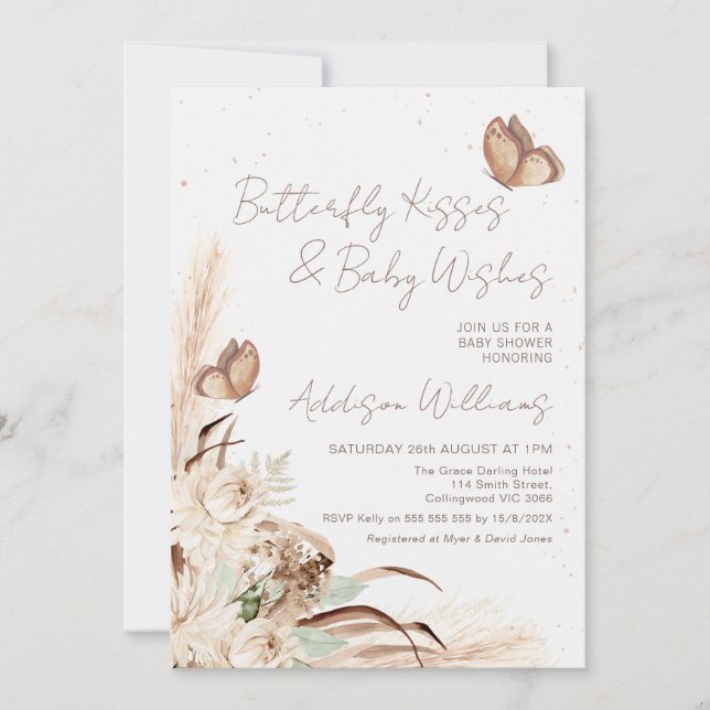 Invitation Boho Beige Floral Baisers Baby shower (Devant)