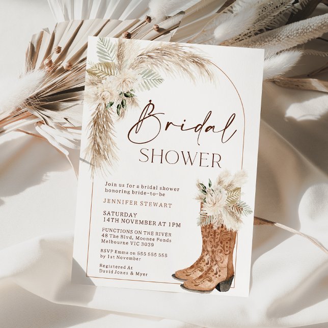Invitation Boho Beige Floral Boots Fête des mariées (Boho Floral Boots Bridal Shower Invitation, Arch Pampas Grass Bohemian Beige Floral Cowgirl Boots)