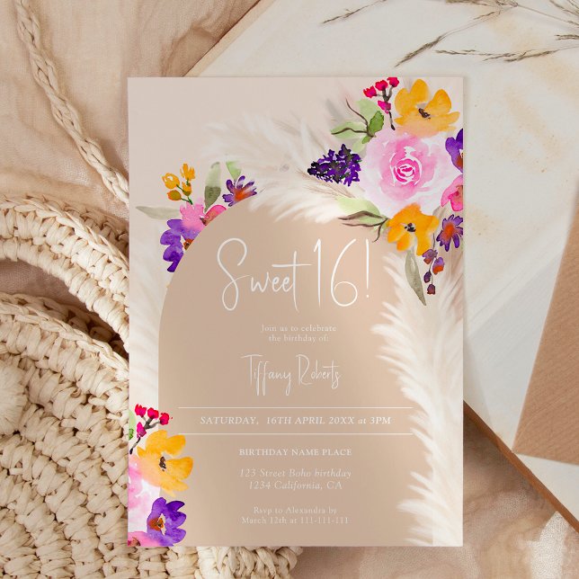 Invitation Boho beige floral pampas désert arche Sweet 16 (Boho beige floral pampas desert arch Sweet 16 Invitation)