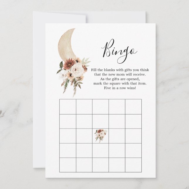 Invitation Boho Beige Moon Floral Baby shower Bingo Jeu (Devant)