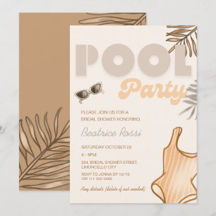 Invitation Boho Beige Pool Party Fête des mariées Vintage rét