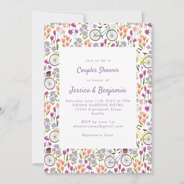 Invitation Boho Bicycle Floral Script Chic Couples Douche (Devant)