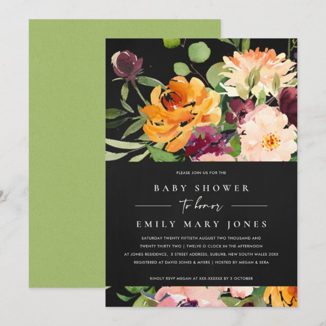 INVITATION BOHO BLACK BLUSH JAUNE ORANGE BABY SHOWER FLORAL (Devant / Derrière)