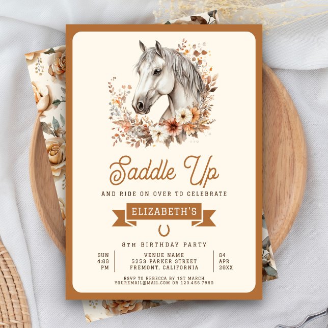 Invitation Boho Blanc Floral Horse Cowgirl Anniversaire (Créateur téléchargé)
