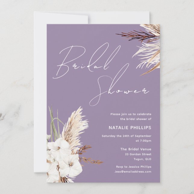Invitation Boho Blanc Floral Lavande Purple Fête des mariées (Devant)