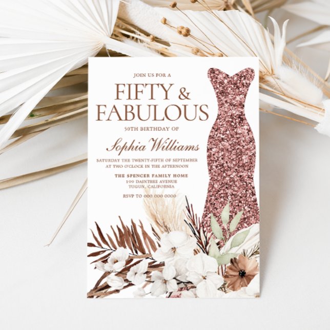 Invitation Boho Blanc Floral Rose Gold robe 50e anniversaire (Créateur téléchargé)