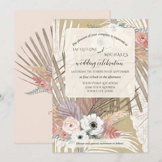 Invitation BOHO Blanc Floral Rustique Pampas Grass Tropical (Devant / Derrière)