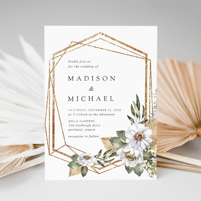 Invitation Boho Blanc Floral & Vert Mariage géométrique (Créateur téléchargé)