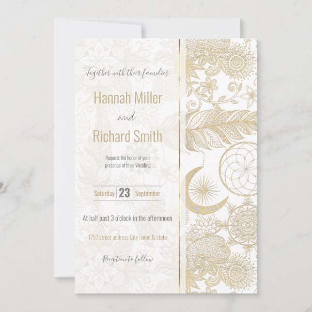 Invitation Boho Blanc Or Plumes Florales Dreamcatcher (Devant)