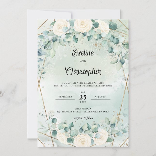 Invitation Boho blanc roses eucalyptus faux cadre or (Devant)