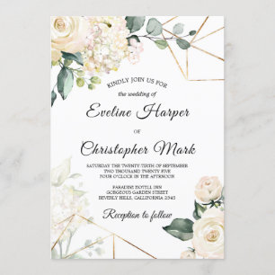 Invitation Boho blanc roses hydrangeas cadre or mariage