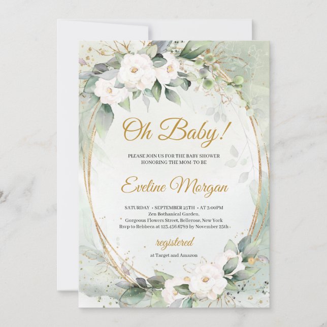 Invitation Boho blanc roses verdure feuillage or ovale Baby (Devant)