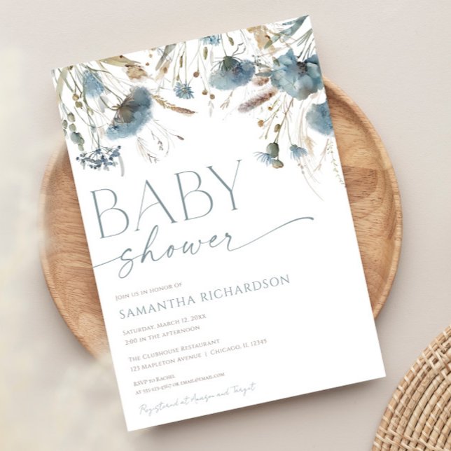 Invitation Boho bleu Dusty baby shower garçon fleur sauvage (Créateur téléchargé)