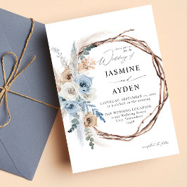Invitation Boho bleu et beige Mariage de couronnes florales