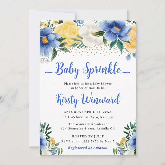 Invitation Boho bleu et fleurs d'été jaunes Baby Sprinkle (Devant)