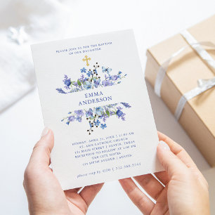 Invitation Boho bleu et violet   Baptême floral