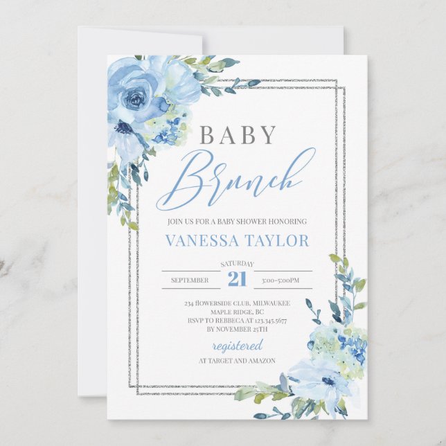 Invitation Boho bleu floral argent cadre parties scintillant  (Devant)