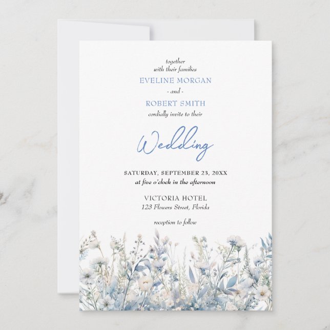 Invitation Boho bleu poussiéreux fleurs sauvages mariage invi (Devant)