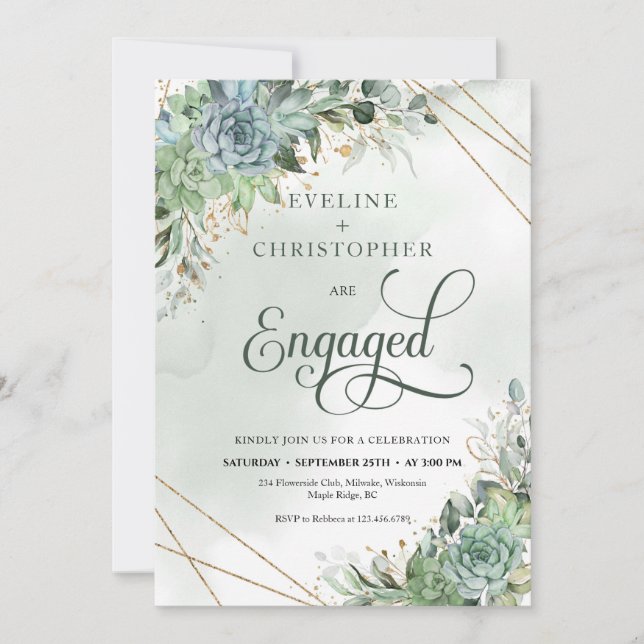 Invitation Boho bleu poussiéreux verdure succulents or s'enga (Devant)