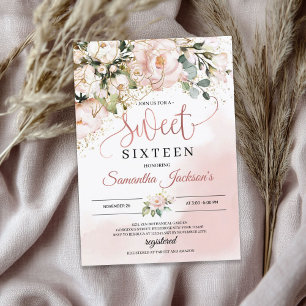 Invitation Boho bleu rose floral or feuille sweet sixteen  