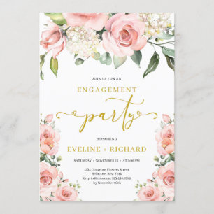 Invitation Boho bleu rose floral or lettrage fiançailles