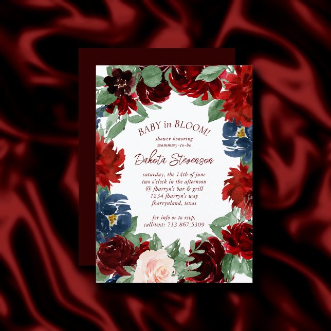 Invitation Boho Bloom | Elegant Rouge Blush et Roses bleu mar (Créateur téléchargé)