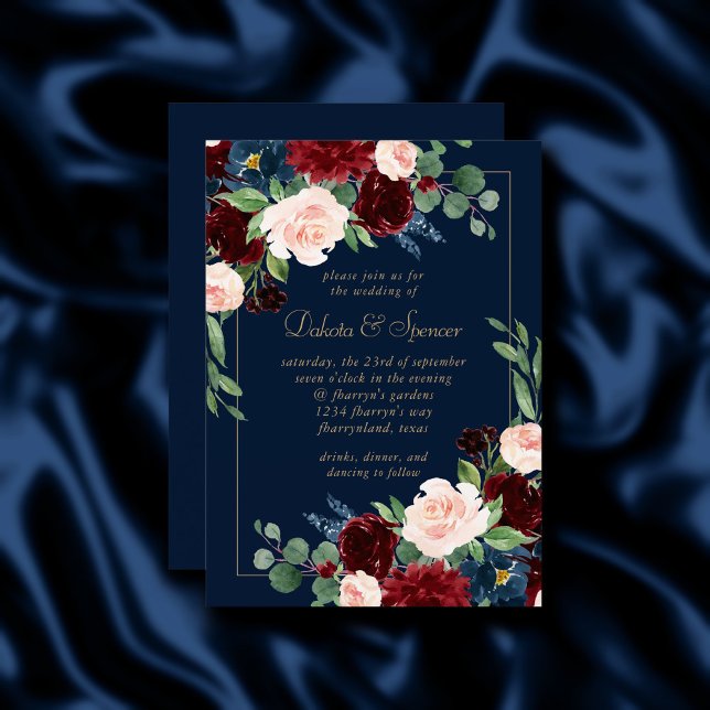 Invitation Boho Blooms | Bouquet bleu marine foncé et bordeau (Créateur téléchargé)