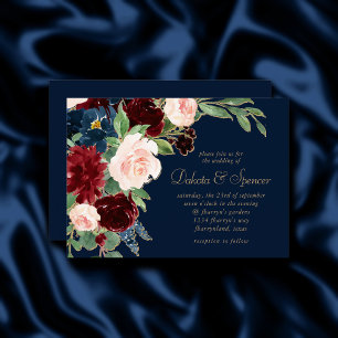 Invitation Boho Blooms   Bouquet bleu marine foncé et bordeau