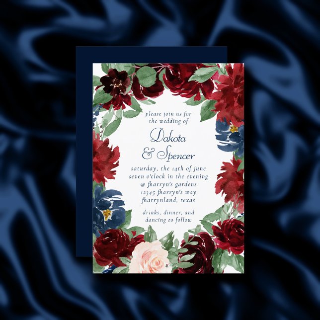 Invitation Boho Blooms | Russe Navy Blue et Burgundy Wreath (Créateur téléchargé)