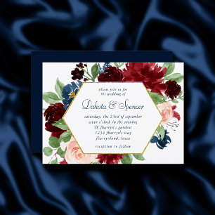 Invitation Boho Blooms   Russe Navy Blue et Burgundy Wreath