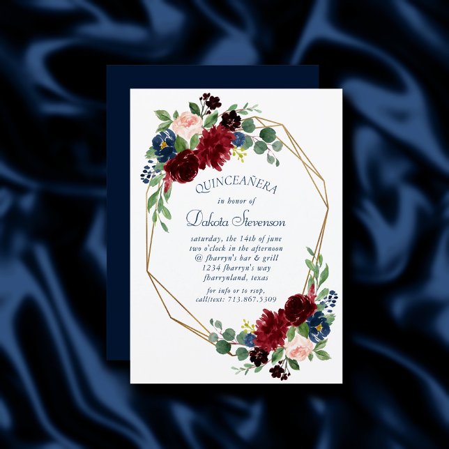 Invitation Boho Blooms | Russe Navy et Bourgogne Quinceanera (Créateur téléchargé)