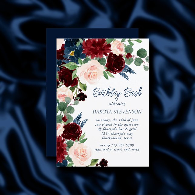 Invitation Boho Blooms | Russe Navy et Bourgogne Red Wreath (Créateur téléchargé)