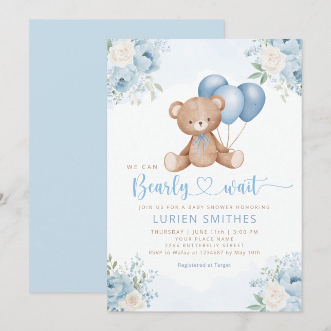 Invitation Boho Blue Bearly Wait Teddy Bear baby shower garço (Devant / Derrière)