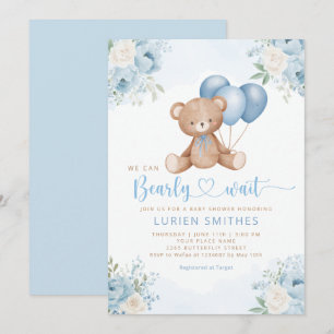 Invitation Boho Blue Bearly Wait Teddy Bear baby shower garço