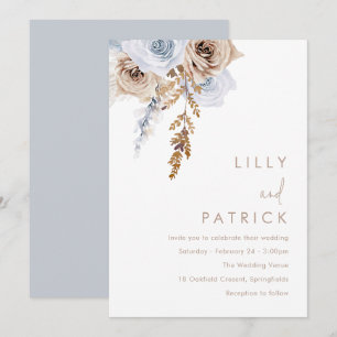 Invitation Boho Blue & Beige Fleurs Mariage moderne