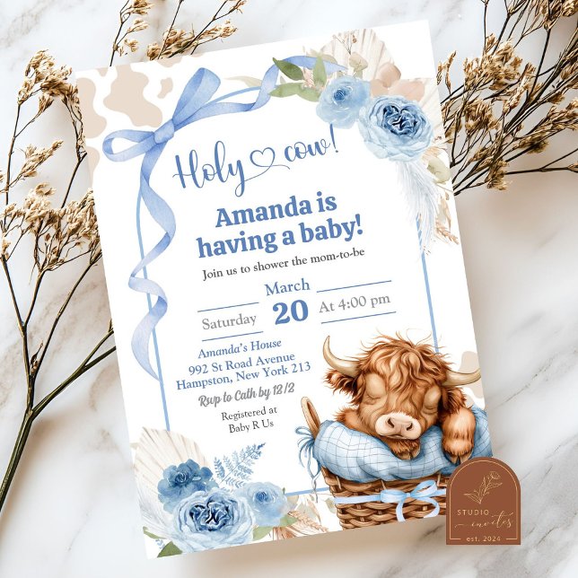 Invitation Boho Blue Bow Highland Cow Baby shower (Créateur téléchargé)