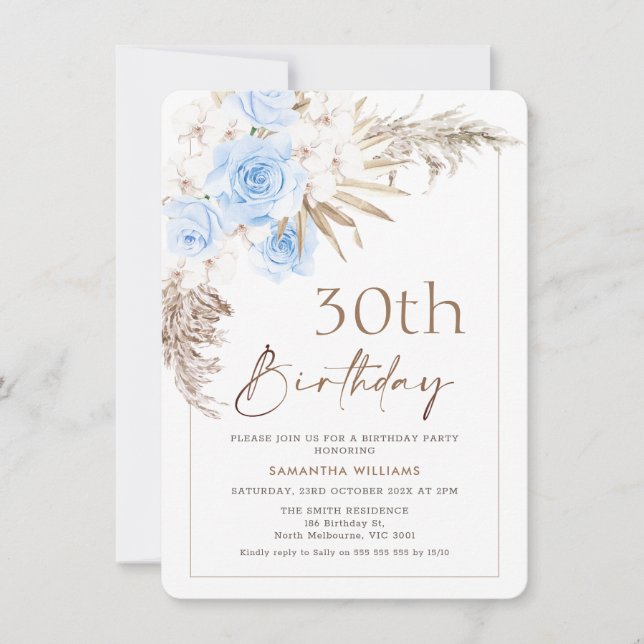 Invitation Boho Blue Brown Floral Pampas Grass Anniversaire (Devant)