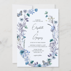 Invitation Boho Blue Fleur sauvage  Mariage papillon