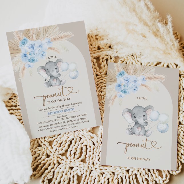 Invitation Boho Blue Floral Arch Petit Baby shower d'arachide (Boy's elephant themed little peanut baby shower invitation featuring a blue boho floral arrangement.)