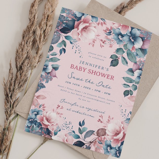 Invitation Boho Blue Floral Baby shower Enregistrer Date Blus (Boho Blue Floral Baby Shower Save Date Blush Invitation)