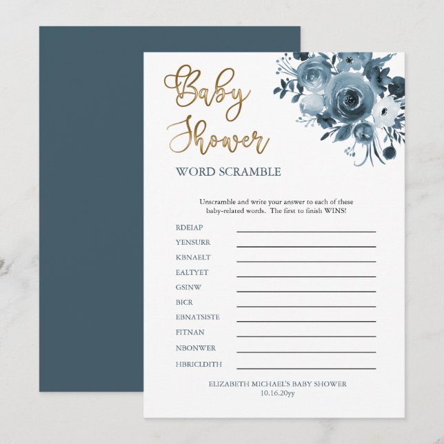 Invitation Boho Blue Floral Boy Baby shower Word Scramble (Devant / Derrière)