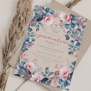 Invitation Boho Blue Floral Graduation Party Champagne