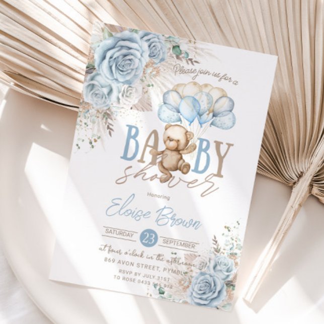 Invitation Boho Blue Floral Pampas Teddy Bear Boy Baby shower (Créateur téléchargé)
