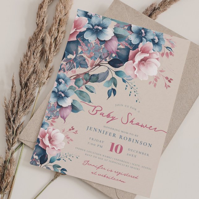 Invitation Boho Blue Garden Baby shower Floral Champagne (Boho Blue Garden Floral Baby Shower Champagne Invitation)