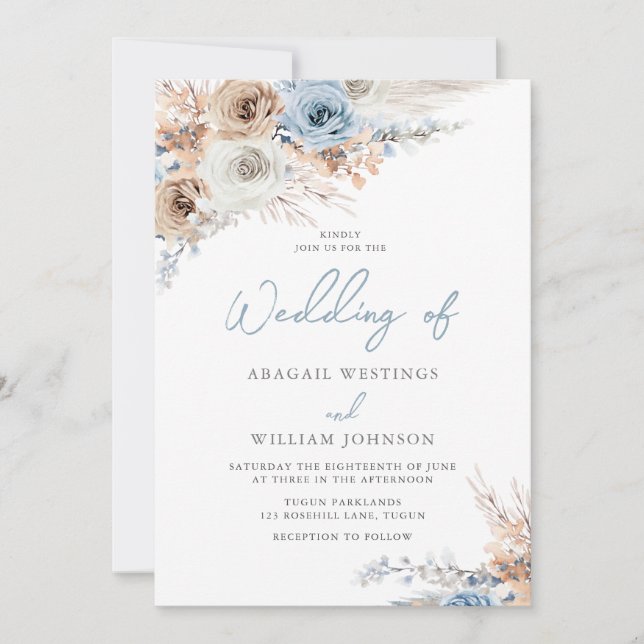 Invitation Boho Blue II : Dusty Blue & White Flowers Mariage (Devant)