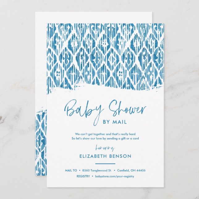Invitation Boho Blue Ikat Baby shower par courrier (Devant / Derrière)