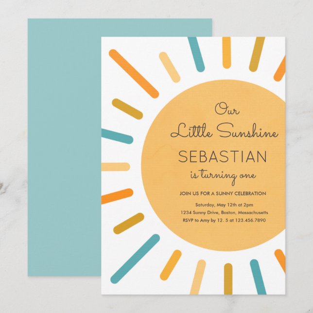 Invitation Boho Blue Notre Petit Soleil Fête Anniversaire (Devant / Derrière)