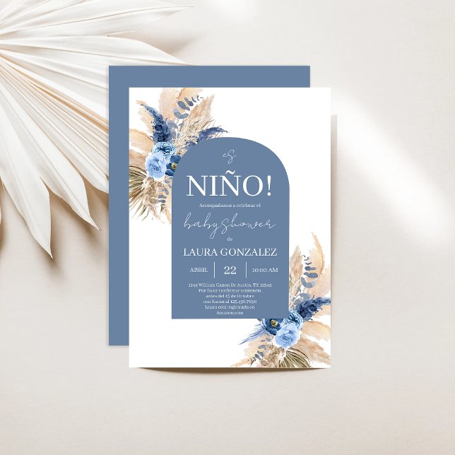 Invitation Boho Blue Pampas Baby shower espagnol Garçon (Créateur téléchargé)