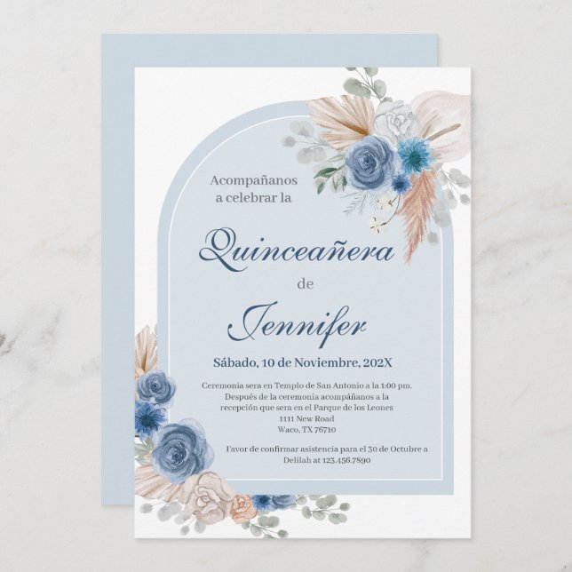 Invitation Boho Blue Quinceanera (Devant / Derrière)