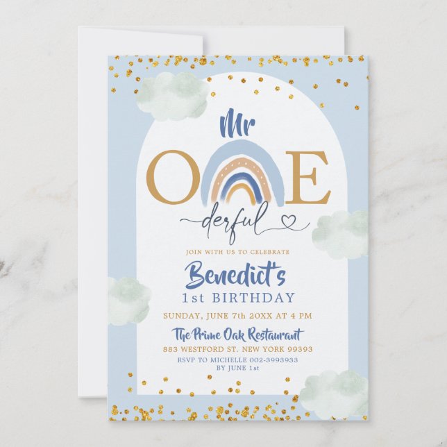 Invitation Boho Blue Rainbow Anniversaire du garçon Onederful (Devant)